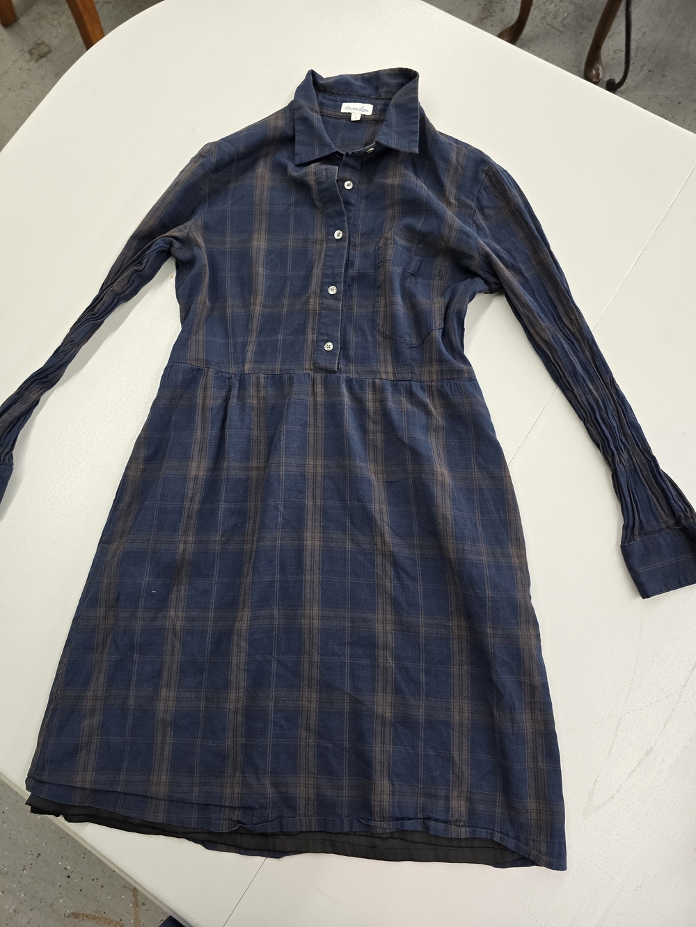 Steven Alan Navy and Brown Plaid Long-Sleeve Shirt Dress